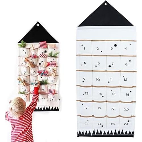 Christmas Advent Calendar with 24 Pockets Reusable Fabric Wall Hanging Bag Christmas Calendar Countdown 24 Days Countdown to Christmas Fabric Decorations (Black)