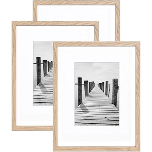 KTKDE 11x14 Picture frame Set of 3, 8x10 mat or 11x14 Without Mat,Nature Wooden Frame Real Glass 11 by 14 Studio Gallery for Wall Art, Poster Frame home Friends Wedding best gift