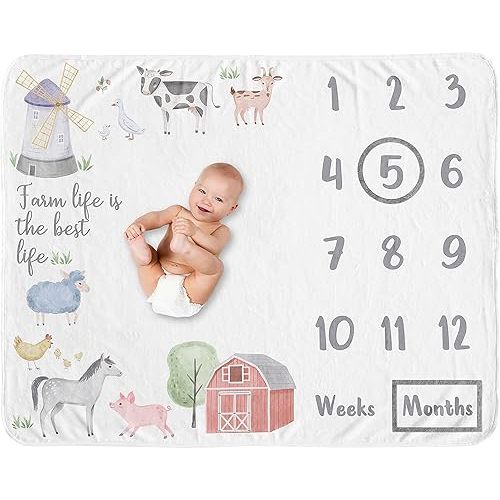 Sweet Jojo Designs Farm Animals Boy or Girl Milestone Blanket Monthly Newborn First Year Growth Mat Baby Shower Memory Keepsake Gift Picture - Watercolor Farmhouse Barn Horse Cow Sheep Pig Farm Life