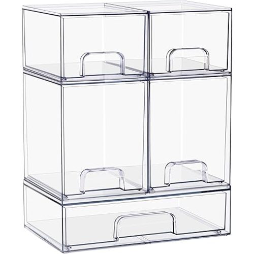 Sorbus Acrylic Storage Containers - 5 Pack, Stackable Storage Bins Set for Bathroom Organization - Clear Acrylic Drawer Organizers - Makeup Case Pull-Out Drawers (7.6’’ and 4.4’’ Tall and 12.1’’ Wide)