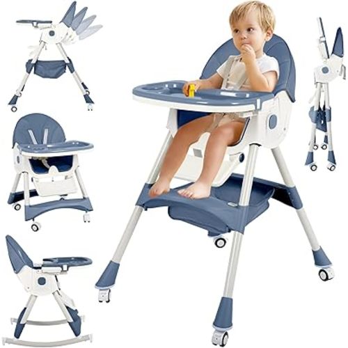 6 in 1 High Chairs for Babies and Toddlers，Portable Foldable High Chair with Wheels& Pu Cushion, Adjustable Height, Reclining Seat, 5-Point Safety Harness, Removable Tray