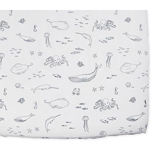 Pehr Crib Sheet, Life Aquatic | Breathable Brushed Organic Cotton for Soft Sleep | Snug Fit | Reusable Fabric Bag Packaging | Standard Crib Mattresses up to 52”L x 28”W x 8”H