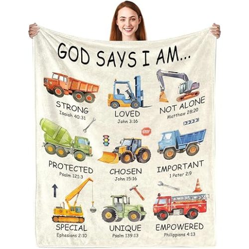 Christian Gifts for Boys, God Says I Am Construction Truck Blanket 50"x60", Inspirational Religious Birthday Gifts for Truck Lover Bible Verse Blanket, Construction truck gifts, Christian truck Gifts