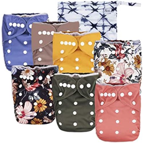 Nora's Nursery Cloth Diapers 7 Pack with 7 Bamboo Inserts & 1 Wet Bag - Waterproof Cover, Washable, Reusable & One Size Adjustable Pocket Diapers for Newborns and Toddlers - Harlow