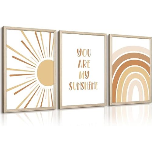 Boho Nursery Wall Art Baby Girl Wall Decor Kids Rainbow Canvas Wall Art You Are My Sunshine Pictures Toddler Sun Prints Nursery Artwork for Room Bedroom Set of 3 12x16 Inch Wood Framed