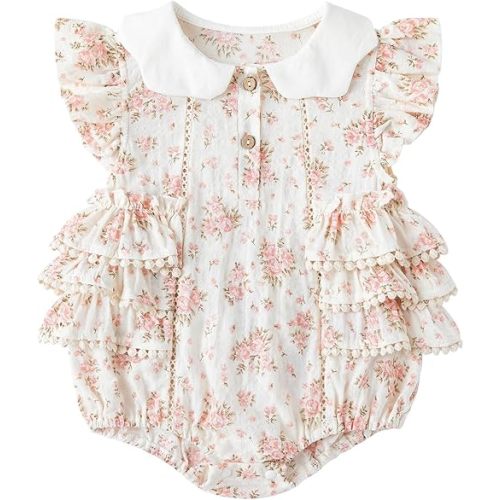 Simplee kids Baby Girls Romper Floral Print Summer Onesie Puff Sleeve Button Baby Girl Onesie