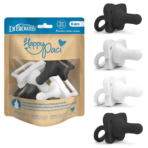 Dr. Brown's HappyPaci 100% Silicone Baby Pacifier, Contoured One-Piece Design, Black/Gray/White, 0-6m, BPA-Free, 4-Pack
