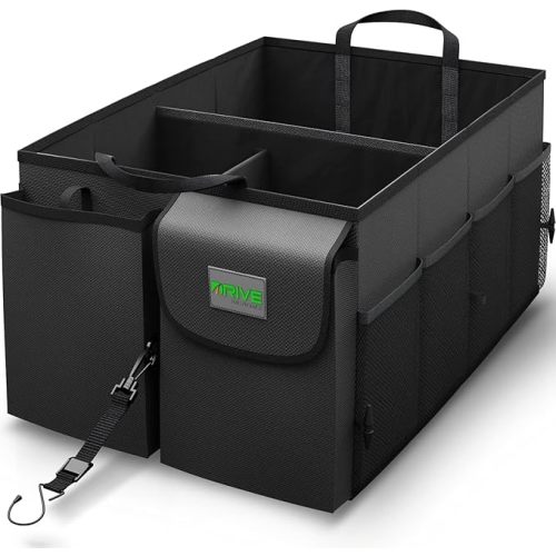Drive Auto Car Trunk Organizer - Collapsible, Multi-Compartment Automotive SUV Car Organizer for Storage w/Adjustable Straps - Truck & Car Accessories for Women and Men - Black