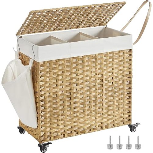 SONGMICS Laundry Hamper with Lid, 37 Gallons (140 L), Rolling Laundry Basket with Wheels, 3-Section Synthetic Rattan, Removable Liner, Bedroom, 26 x 13 x 26 Inches, Natural ULCB363N01