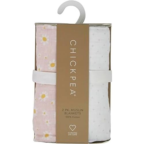 Chick Pea Muslin Baby Blanket for Girl Large 36x40 2pack Floral Daisy Polkadot