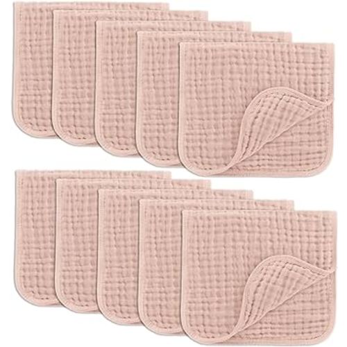 Comfy Cubs Muslin Burp Cloths Set Large 100% Cotton Hand Washcloths for Babies, Baby Essentials 6 Layers Extra Absorbent and Soft Boys & Girls Baby Bibs & Burp Cloths Set (Blush, 10-Pack, 20" X10")