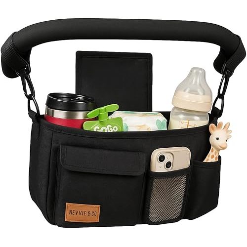 Nevvie & Co Universal Stroller Organizer With Cup Holder | Large Capacity Stroller Caddy | Non-Slip Secure Hooks Accessories | Stroller Attachment | Fits Most Strollers (Black)