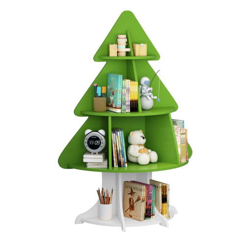 Christmas Tree Bookshelf - 4 -Tier Wooden Toy & Book Storage Organizer for Kids, Nursery, Playroom, Bedroom, Classroom, Homeschooling (Boy Girl Gift)