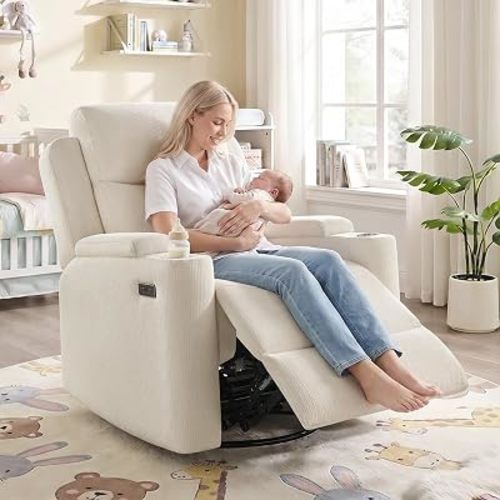 Oversized Nursery Glider Rocking Chair, 270° Swivel Glider Recliner Chair with USB & Type-C Ports, Cup Holders & Armrest Storage, Soft Chenille Nursery Chair for Living Room, Bedroom