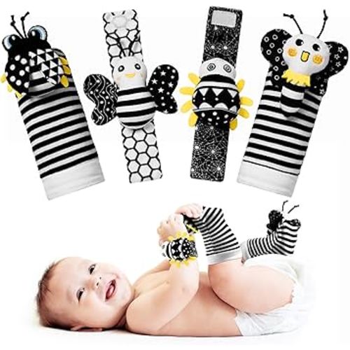 Baby Toys 0-6 Months - High Contrast Baby Toys for Newborn Toys 0-3 Months Brain Development Infant Toys Baby Rattles 6-12 Months Black and White Baby Rattle Socks & Wrist Toys Gifts for Boys Girls