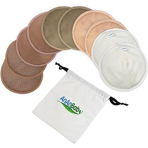 AnAnBaby Organic Bamboo Nursing Breast Pads - 10-Pack Reusable Non-Slip Nipple Pads for Breastfeeding New Moms Postpartum Essentials (4.7inch) with Washing Bags and Handbags(Large,Five Colors)