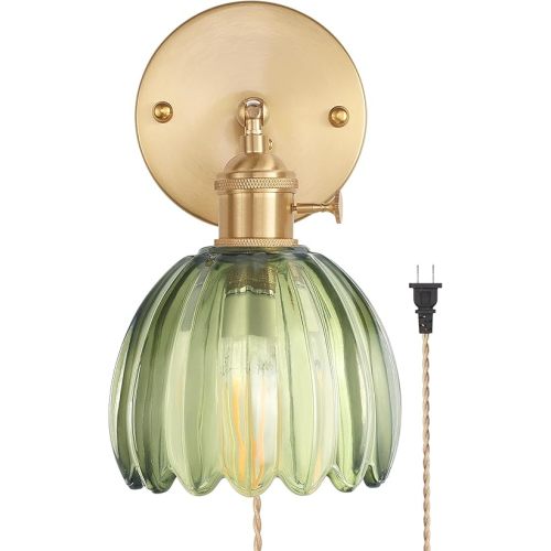 Plug in Wall Sconce, Green Tulip Glass Lampshade Wall Light Plugin Corded for Bedside Bedroom Doorway