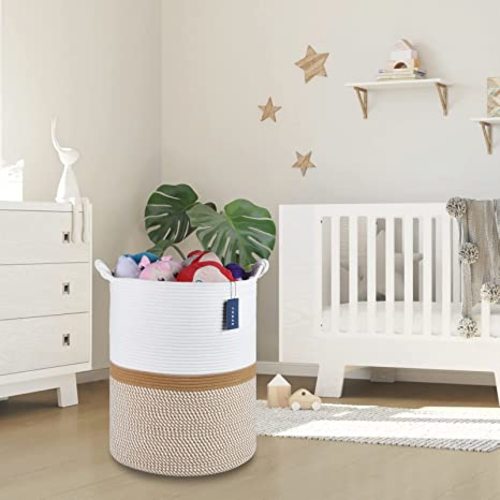 COMSE Extra Large Blanket Basket, Tall Laundry Basket, Laundry Hamper, 15.7”x 21.7”, Storage Basket, Blanket Basket for Living room, Cotton Rope Basket, Toy Basket, Woven Basket, Clothes Baskets,Blend White/Khaki