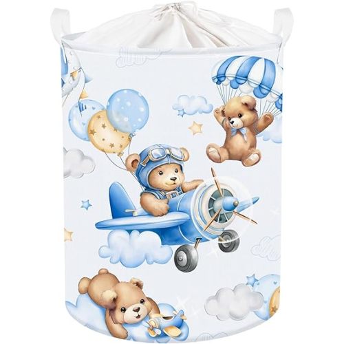Clastyle 45L Large Blue Bear Pilot Kid Boy Girl Laundry Hamper with Handle Collapsible Balloon Clothes Toy Storage Basket with Lid for Nursery