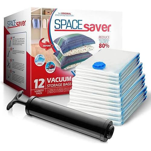 Spacesaver 6 Pack Vacuum Storage Bags for Travel and Home - Save 80% Space - Compression Vacuum Sealer Bags for Clothing, Comforters, and Bedding - With Hand Pump, 2 Each Medium, Large, Jumbo