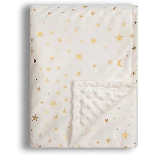 Baby Blanket for Boys Girls Soft Minky with Double Layer Dotted Backing, Star and Moon Printed 30 x 40 Inch Receiving Blanket (Beige)