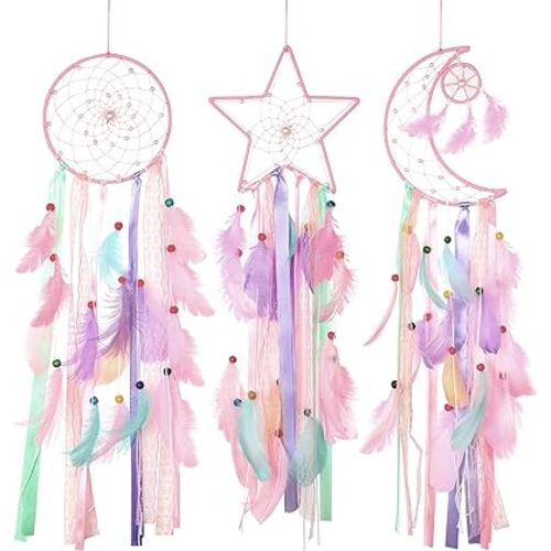 Jetec 3 Pcs Dream Catcher Moon Sun Star Design Handmade Traditional Design Craft Ornament Wall Art Hanging Home Decoration Bedroom Wedding(Vivid Style,Macaron Color)