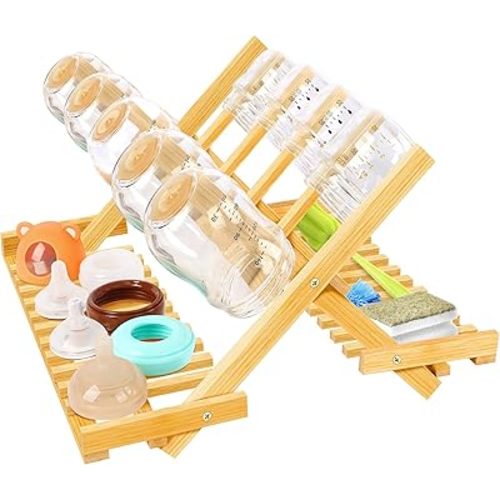 Baby Bottle Drying Rack, Foldable Bamboo Bottle Rack Dryer Space Saving, Travel Vertical Portable Baby Bottle Storage Organizer for Countertop Baby Accessories