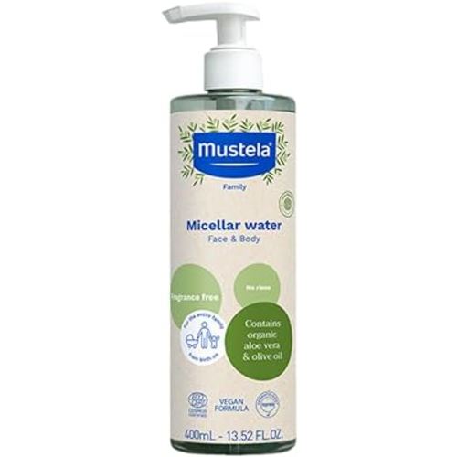 Mustela Certified Organic Micellar Cleansing Water -No-Rinse Natural Water Cleanser w/ Olive Oil & Aloe Vera - For Baby, Kid & Adult - Fragrance Free, EWG Verified & Vegan -13.5 oz-Packaging may vary