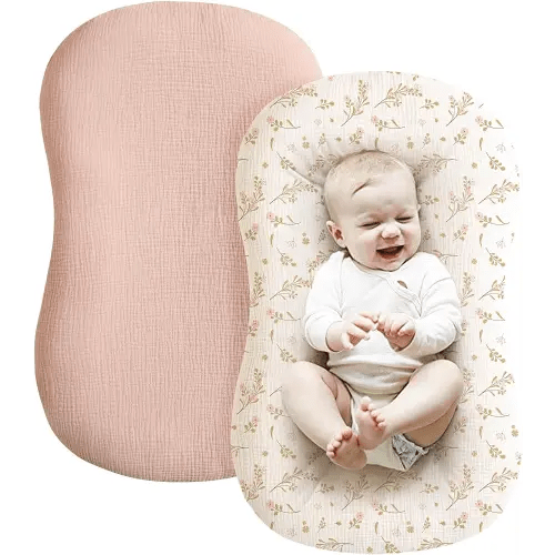 Konssy Muslin Baby Lounger Cover 2 Pack, 100% Cotton Newborn Lounger Cover, Soft and Breathable Removable Slipcover Infant Lounger Cover for Boy, Girl (Pink, Floral)