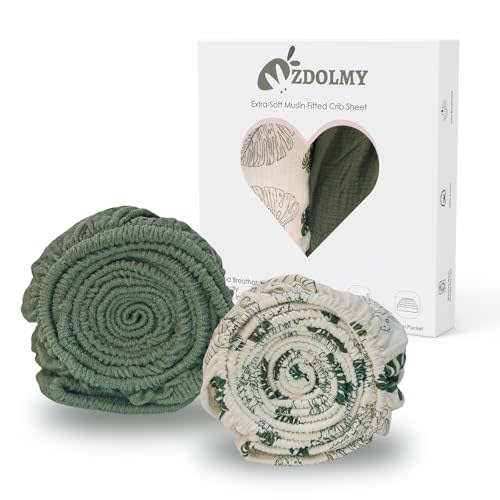 Zdolmy Muslin Crib Sheets for Girl Boy, 2 Pack 100% Cotton Crib Sheet for Standard Crib Mattress(28"x 52"), Fitted and Soft Breathable Crib Mattress Sheet, 360° Wrapping (Monstera & Dark Green)