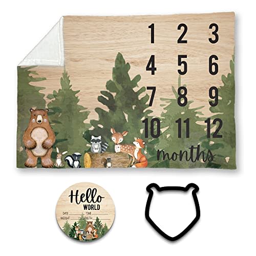 Woodland Baby Monthly Milestone Blanket w/Birth Stat, 30x40", Animal Forest Nursery Decor, Soft Minky Fabric, Baby Shower Gifts, Baby Blanket, Birthday Gift for Newborn, Hickory Hollow Designs
