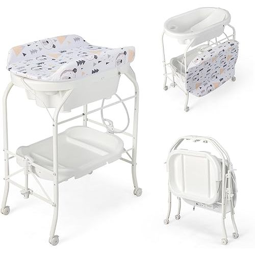 HONEY JOY Baby Changing Table with Bathtub, Foldable Infant Diaper Changing Station with Wheels, Storage Tray, Waterproof Pad, Portable Newborn Nursery Organizer Bath Stand for Boys Girls (White)