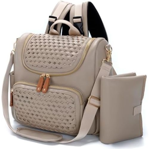 Minsong Diaper Bag Backpack, Small Diaper Backpack for Mom with Changing Station, Stylish Vegan Leather Travel Diaper Nappy Bags (Khaki)