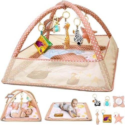 6-in-1 Baby Play Gym Activity Center, Portable Baby Activity Mat with 6 Removable Toys for Motor Skills & Sensory Development, Baby Tummy Time Play Mat for 0-18 Months, Easy Clean & Assemble (Brown)
