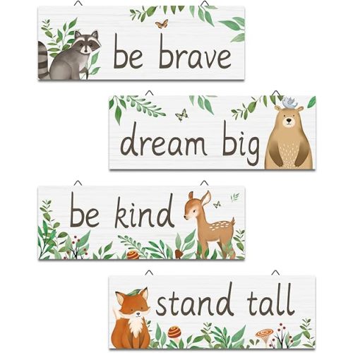 decalmile 4 Pieces Woodland Animal Wooden Hanging Signs Forest Bear Wood Wall Decor Baby Nursery Kids Bedroom Daycare Wall Art Decor