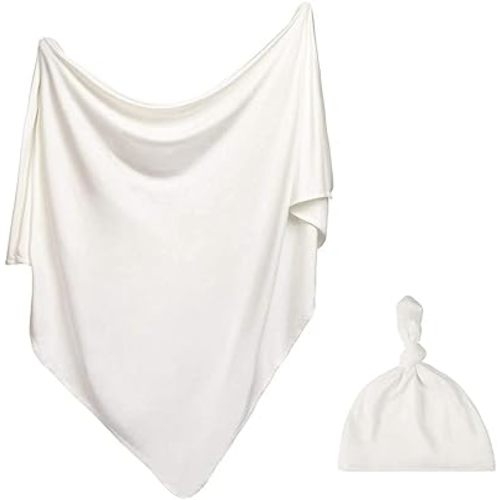iEvolve Cotton Knitted Baby Swaddle Blanket with Hat Headband Set Newborn Swaddle Wrap Receiving Blankets for Baby Girl Boy 35" x 35"(White)