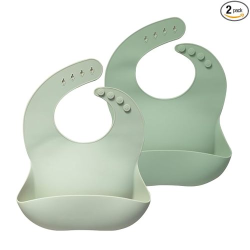 (Green) Moonkie Silicone Baby Bibs Set of 2, BPA Free Waterproof Baby Bibs for Eating, Soft Adjustable Silicone Bibs for Babies 6-12 Months, Toddler Bibs with Pocket Food Catcher (Frosted Mint/Celadon Green)