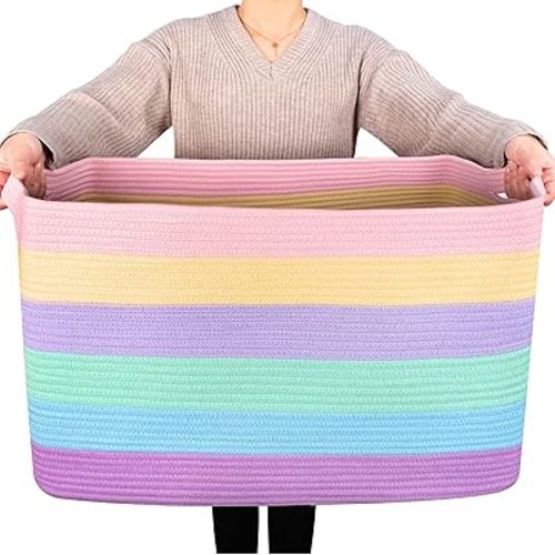 MINTWOOD Design 22in Extra Large Blanket Basket Holder Living Room, Rectangle Rope Woven Storage Basket with Handles for Laundry, Pool Towels, and Shoes, Dog Toy Organizer Bin Box, Pastel Rainbow