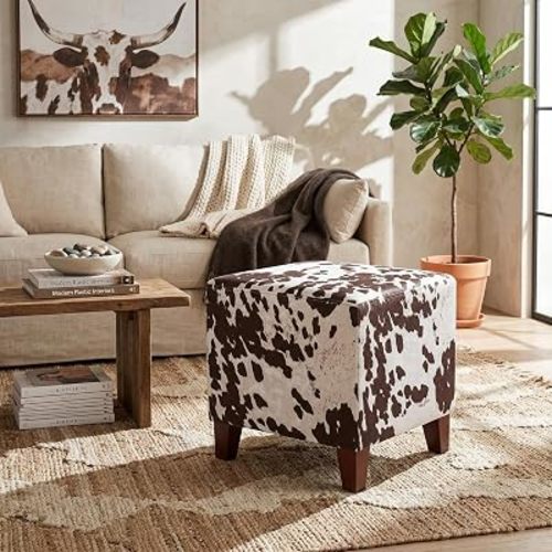Small Foot Stool Ottoman, 16.3" Linen Cube Ottoman Foot Rest with Wood Legs, Upholstered Ottomans Footstool for Living Room, Bedroom, Couch, Cow Print