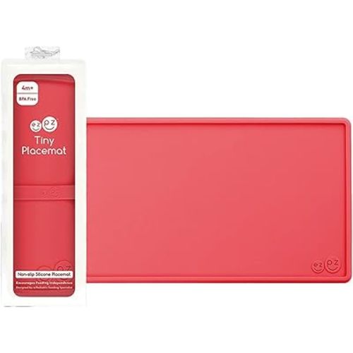 ezpz Tiny Placemat - 6 Months+ (Coral) - Non-Slip, 100% Silicone Placemat for Toddlers and Babies - Fits on Most Highchair Trays - Rolls-Up - Dishwasher Safe