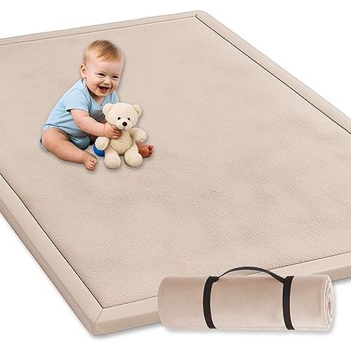 Baby Play Mat 150x200cm, Extra Thick 3.5cm Mellow Memory Foam Tatami Muscle Mat, Non-Slip, Water-Repellent Velvet Rug for Nursery, Crawling & Tummy Time, Elastic Strap Included
