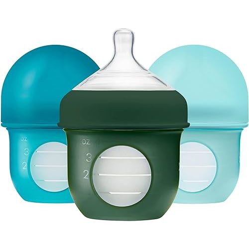 Boon Nursh Reusable Silicone Pouch Baby Bottles - Slow Flow Nipple - Silicone Baby Bottle Pouch and Nipple - Baby Feeding Essentials - Blue - 0-3 Months - 3 Count - 4 Ounce