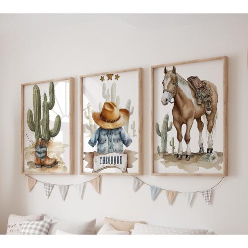 Custom Cowboy Prints, Set of 3 Western Nursery Wall Art, Boho Horse, Baby Boy Nursery Decor, Watercolor flowers, Personalized Name Sign