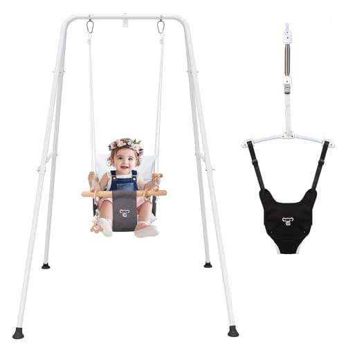 RAGOZONERY 2 in 1 Baby Jumper with Toddler Swing, Baby Jumpers and Bouncers,Indoor Outdoor Toddler Swing Set, Cotton, White