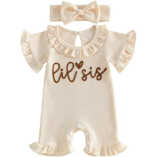 allshope Newborn Baby Girl Summer Outfit Romper Little Sister Lil Sis Embroidery Ruffle Collar Jumpsuit Infant Waffle Clothes
