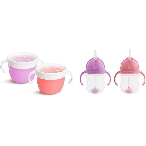 Munchkin® SnackTM Catcher Toddler Snack Cups, 2 Pack, Pink/Purple and Any AngleTM Weighted Straw Trainer Cup with Click LockTM Lid, 7 Ounce, 2 Pack, Pink/Purple