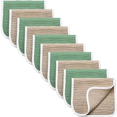 Synrroe Burp Cloths Large, Muslin Burp Cloths for Baby Girls and Boys, Pack of 10 Extra Absorbent and Soft Muslin Bibs, 6 Layers 20 by 10 Inches 100% Cotton (Brown-Green 10 Pack)
