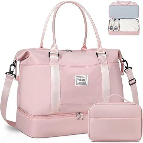 BAGAIL Travel Duffel Bag, Weekender Bags for Women, Overnight Gym Carry On Tote Bag with Wet Pocket, Hospital Mom Bag for Labor and Delivery - Extra Large Set, Pink