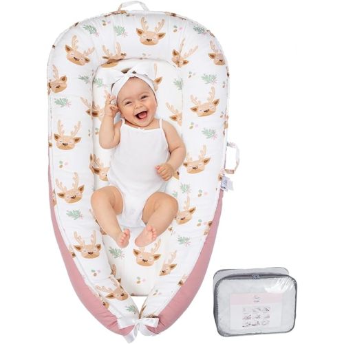 Baby Lounger Infant Lounger for New Born 0-36 Months, Portable Lightweight Soft Memory Foam Co Sleeping Baby Bed Comfortable Cooling Soft Breathable Baby Lounger Pillow (Pink Deer)