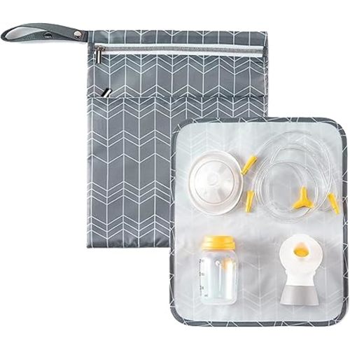 Water-proof Breast Pump Parts Bag with Place Mat,Wet Dry Bag for Breast Pump Parts,Storage Wet and Dry Parts Separately (Breastpump Parts Wet Dry Bag, Grey Ripple), BB+DB-01